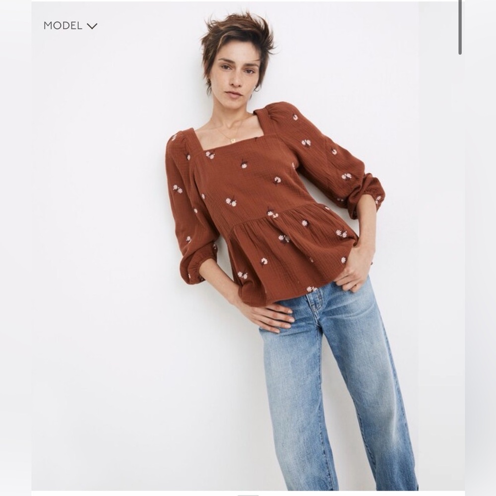 Madewell Amie floral embroidered lightspun millbrook puff sleeve peplum top
